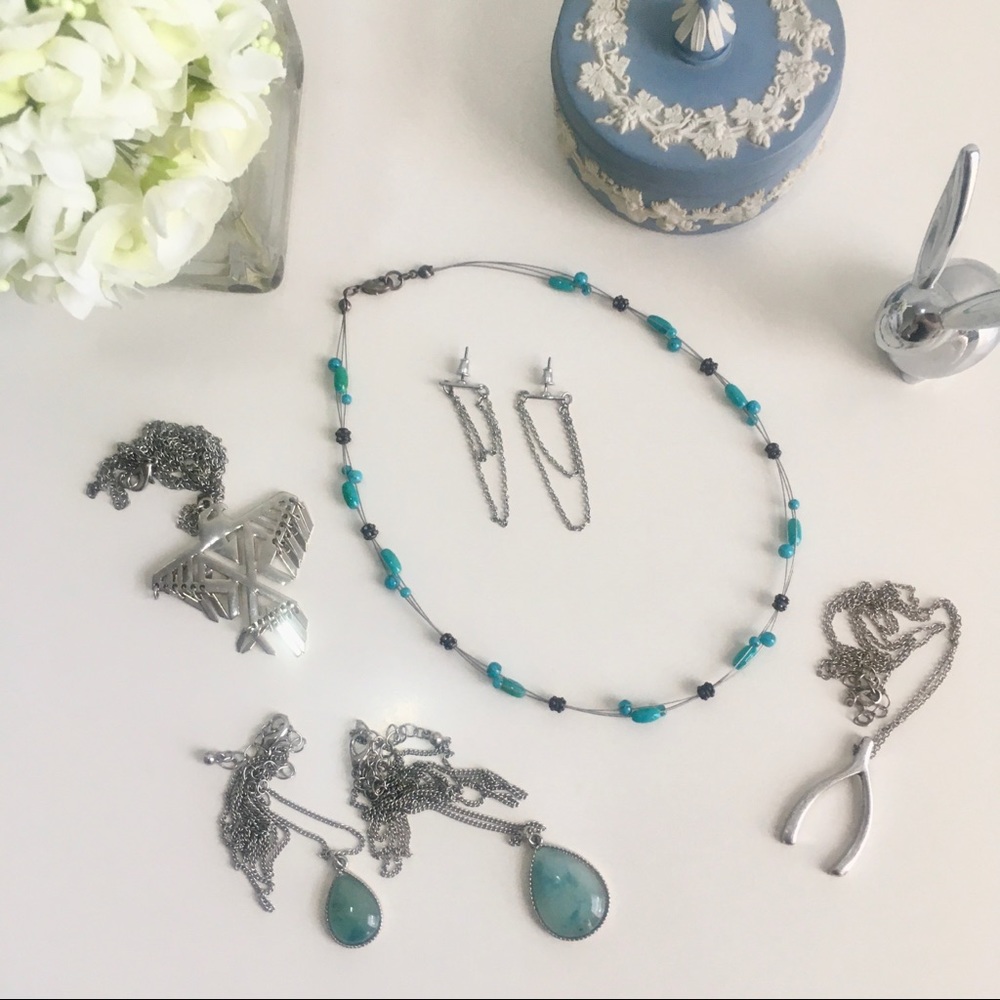 Set of Silver-Tone Pendants, Earrings